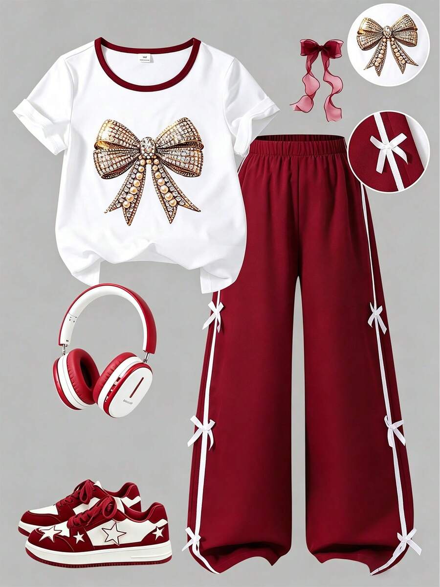2pcs Big Girls Jewel Bow Tee & Ribbon Wide-Leg Pants Set - Crimson ...