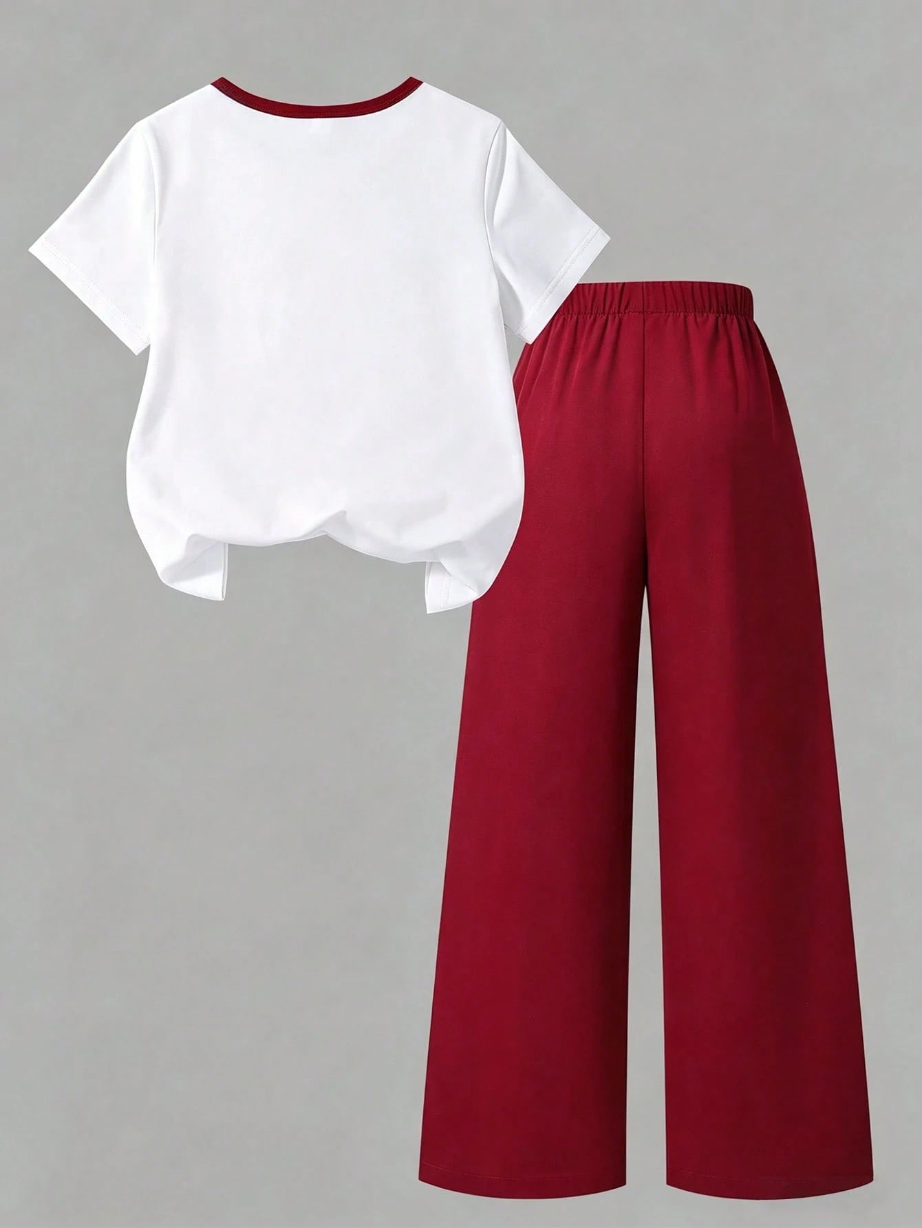 2pcs Big Girls Jewel Bow Tee & Ribbon Wide-Leg Pants Set - Crimson ...