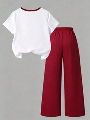 2pcs Big Girls Jewel Bow Tee & Ribbon Wide-Leg Pants Set - Crimson ...