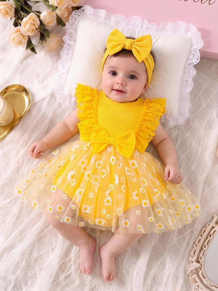Baby Girls Daisy Tulle Lace Ruffle Bow Romper Dress - Buttercup | 2...
