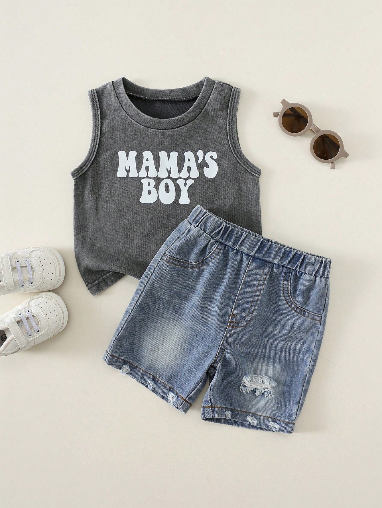 2pcs Boys Mama's Boy Tank Top & Distressed Denim Shorts - Slate | 2...