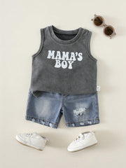 2pcs Boys Mama's Boy Tank Top & Distressed Denim Shorts - Slate | 2...