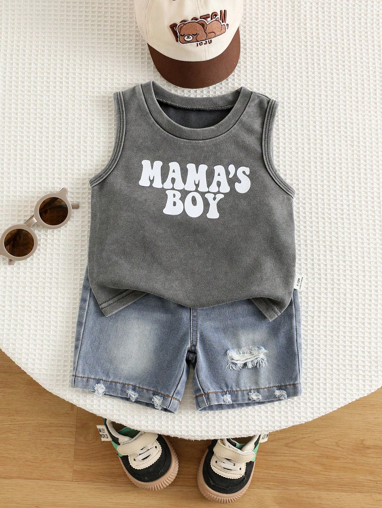 2pcs Boys Mama's Boy Tank Top & Distressed Denim Shorts - Slate | 2...