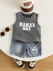2pcs Boys Mama's Boy Tank Top & Distressed Denim Shorts - Slate | 2...
