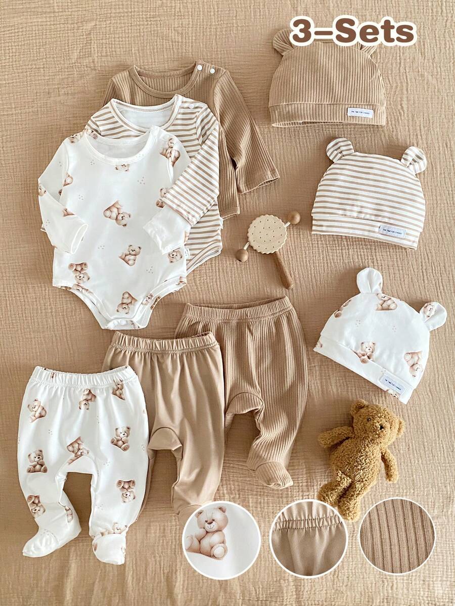 3pcs Baby Boys Teddy Bear Bodysuit, Footed Pants & Bear Ear Hat Set...