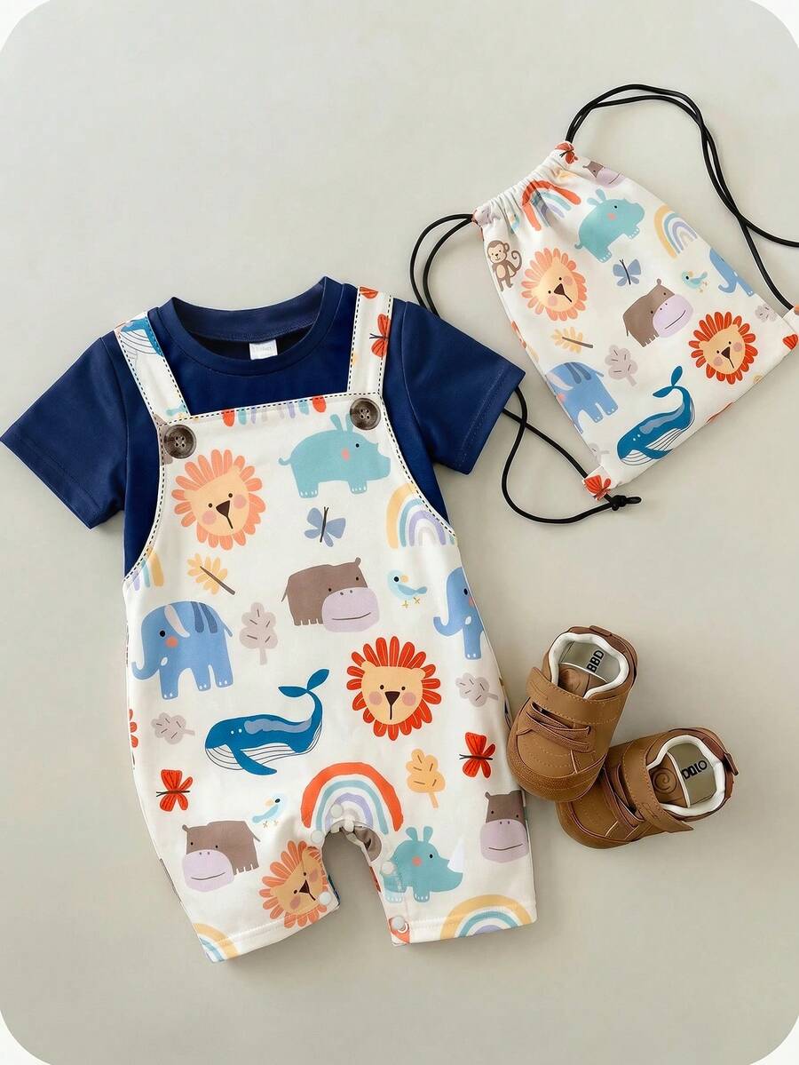 Boys Safari Animal Print Raglan Short Romper - Ivory | 21 Century Kids