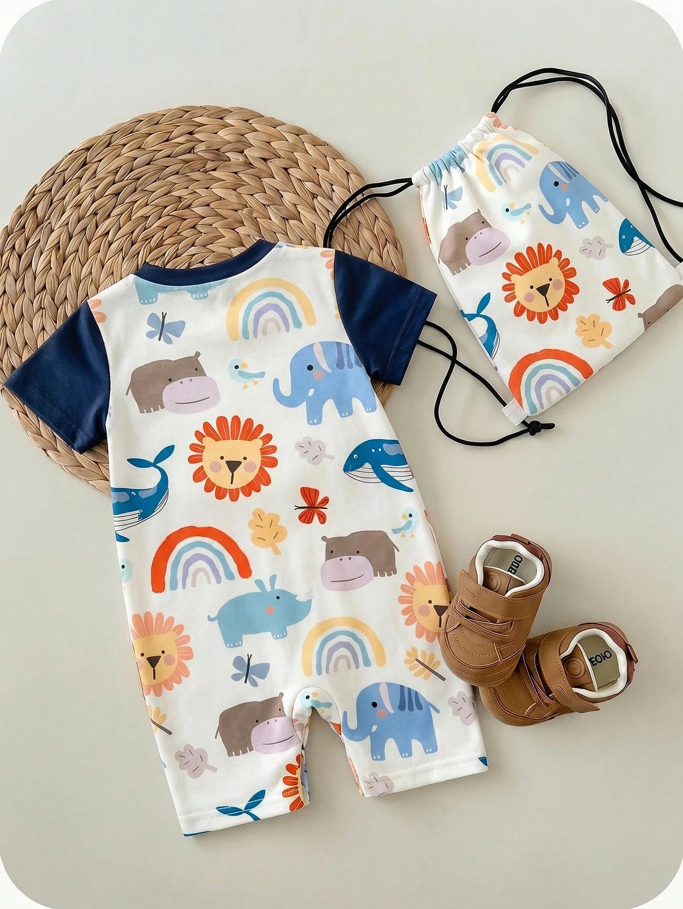 Boys Safari Animal Print Raglan Short Romper - Ivory | 21 Century Kids