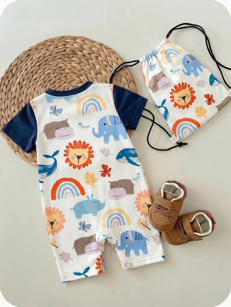 Boys Safari Animal Print Raglan Short Romper - Ivory | 21 Century Kids