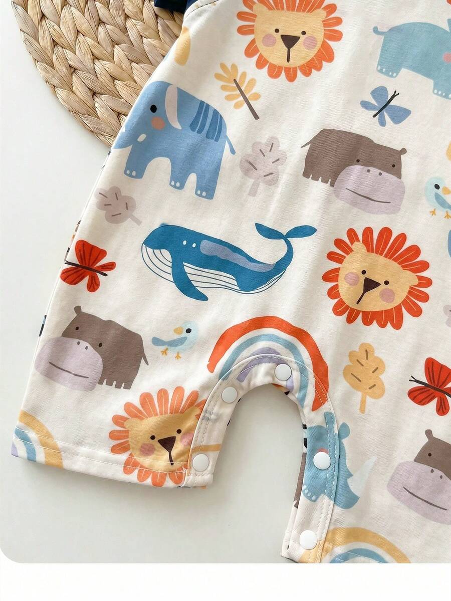 Boys Safari Animal Print Raglan Short Romper - Ivory | 21 Century Kids