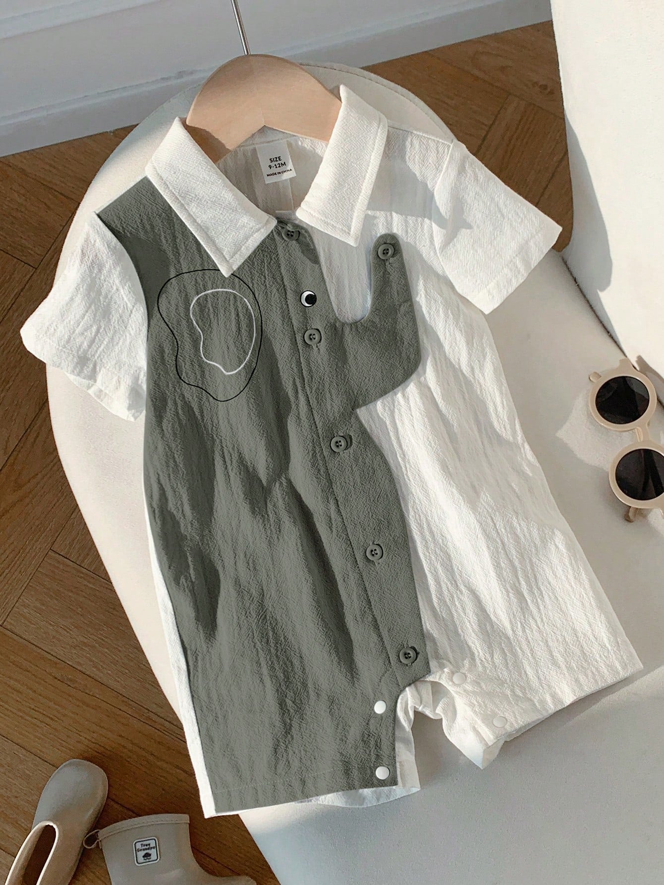Baby Boys Colour Block Elephant Collar Romper - Sage