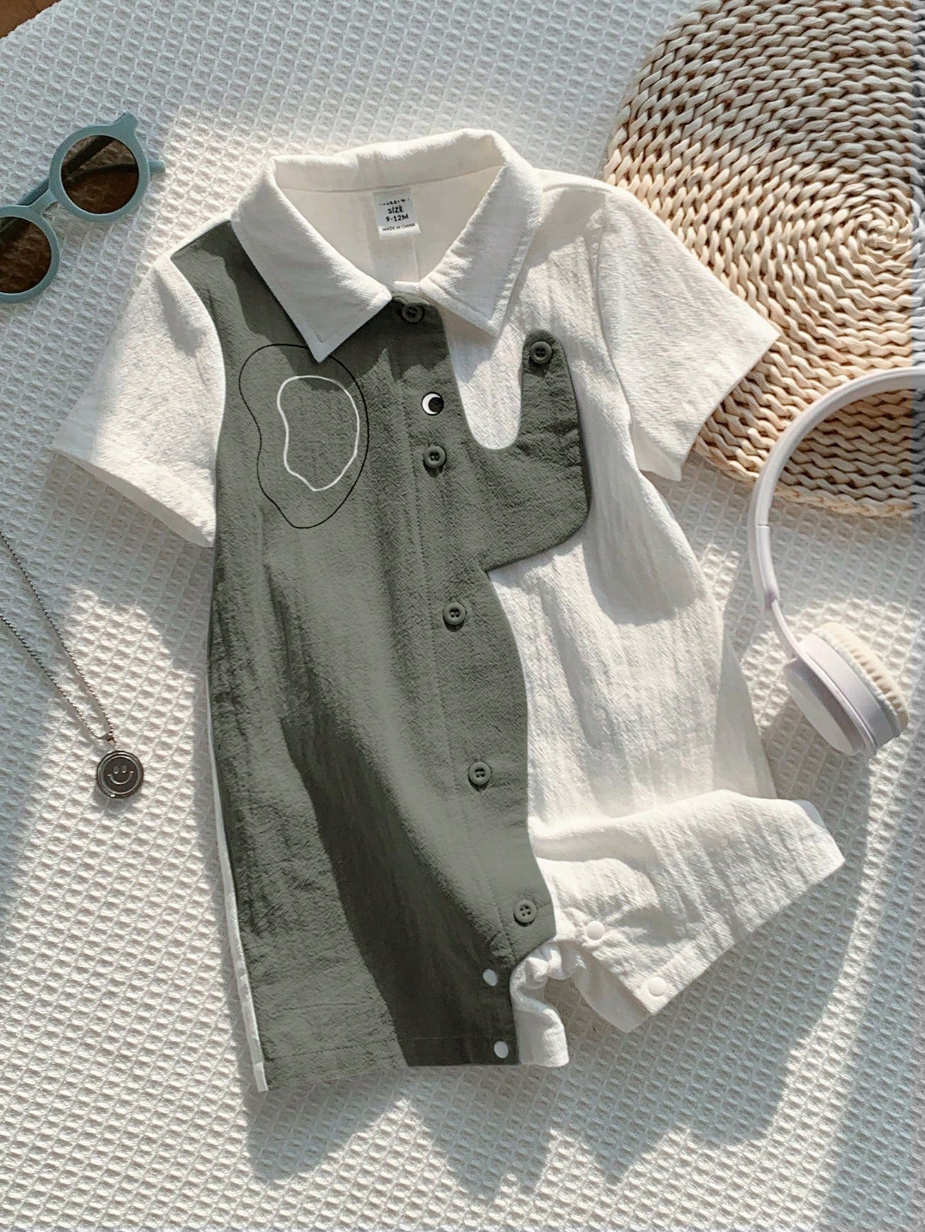 Baby Boys Colour Block Elephant Collar Romper - Sage