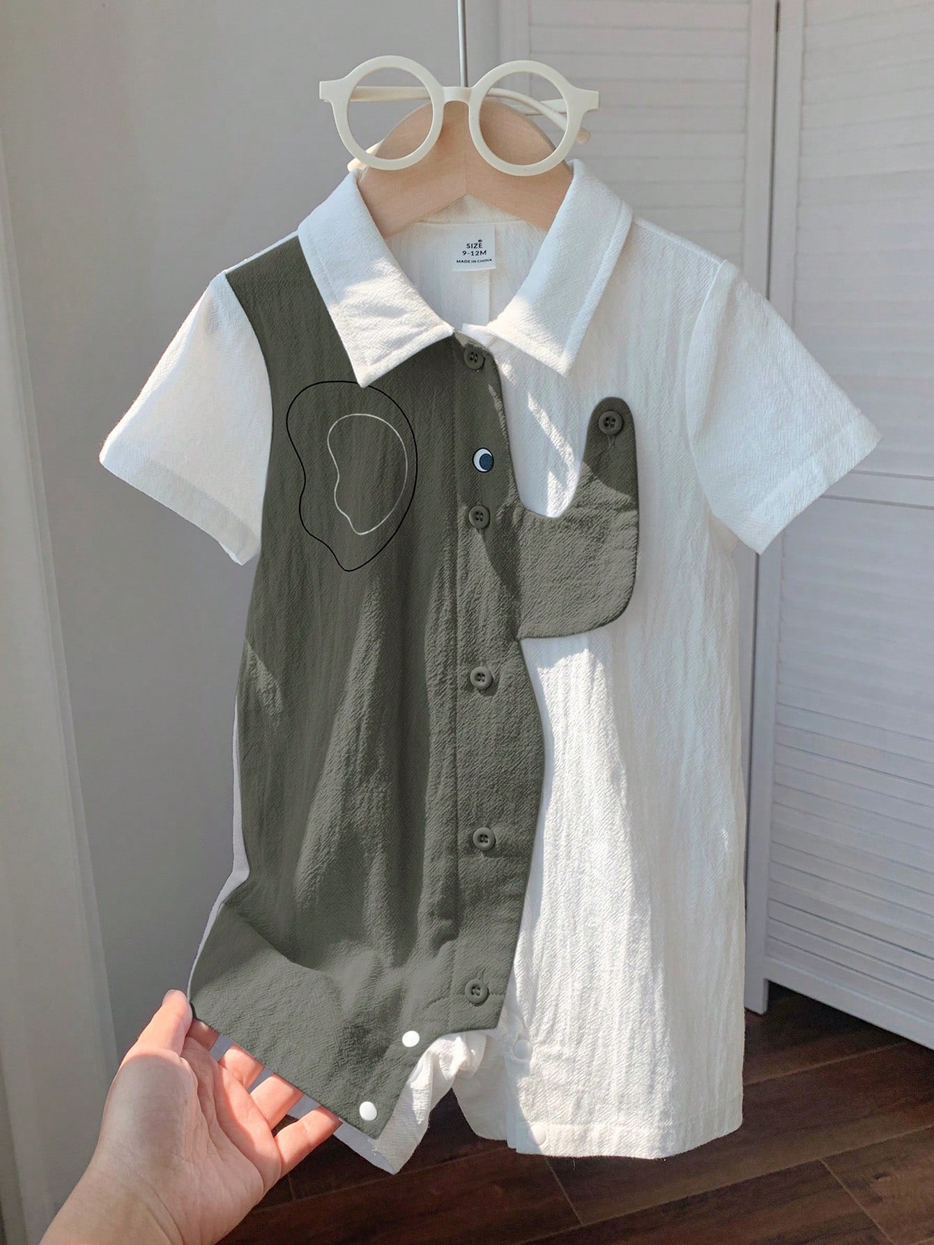 Baby Boys Colour Block Elephant Collar Romper - Sage