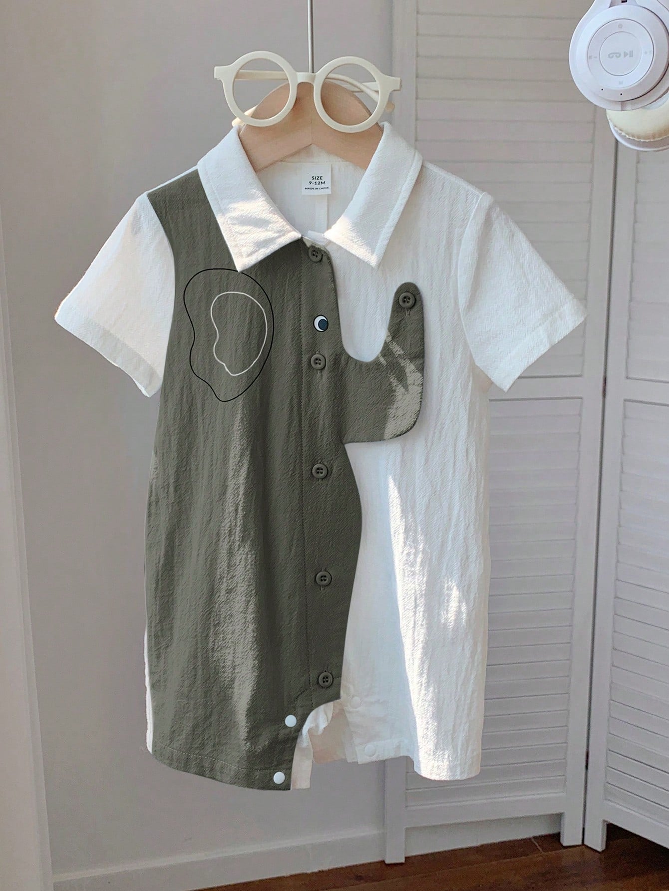 Baby Boys Colour Block Elephant Collar Romper - Sage