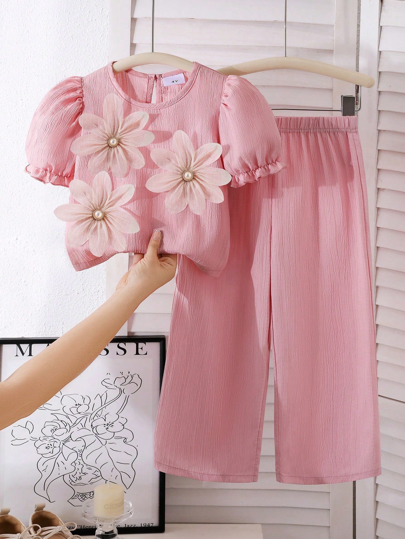 2pcs Girls 3D Floral Appliqué Puff Sleeve Top & Wide-Leg Pants - Blush