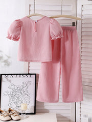 2pcs Girls 3D Floral Appliqué Puff Sleeve Top & Wide-Leg Pants - Blush