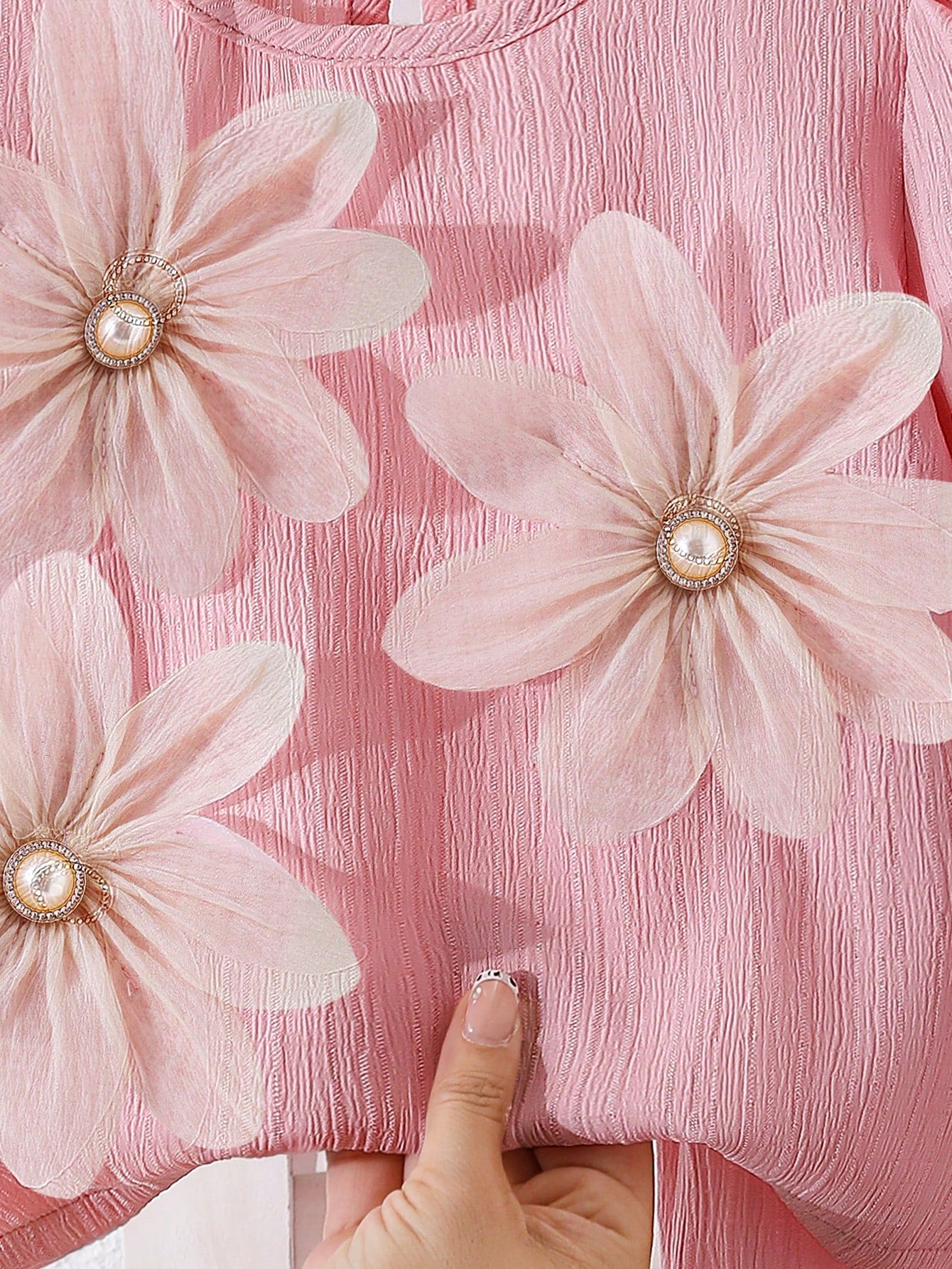 2pcs Girls 3D Floral Appliqué Puff Sleeve Top & Wide-Leg Pants - Blush