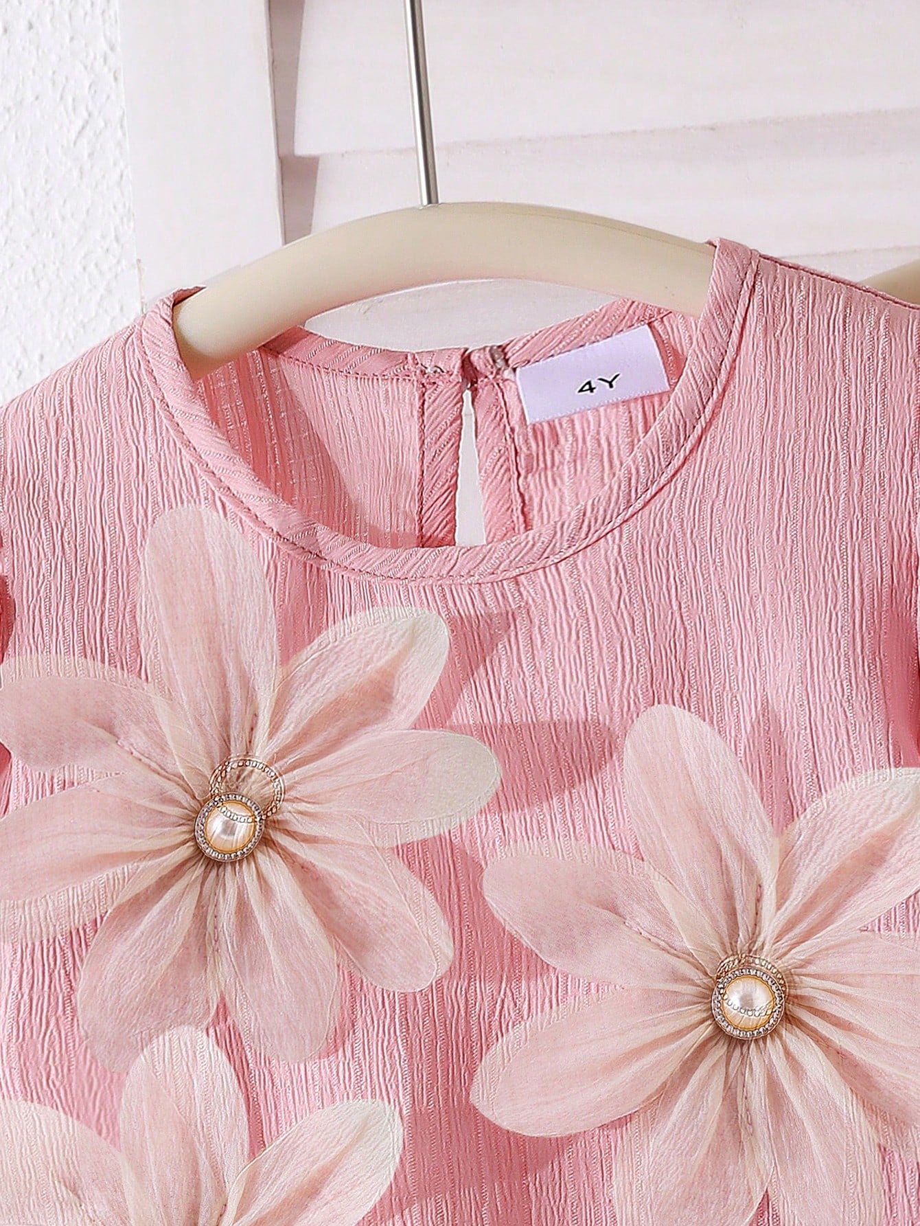 2pcs Girls 3D Floral Appliqué Puff Sleeve Top & Wide-Leg Pants - Blush