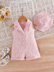 Baby Girls 3D Floral Lapel Romper & Bucket Hat - Blush