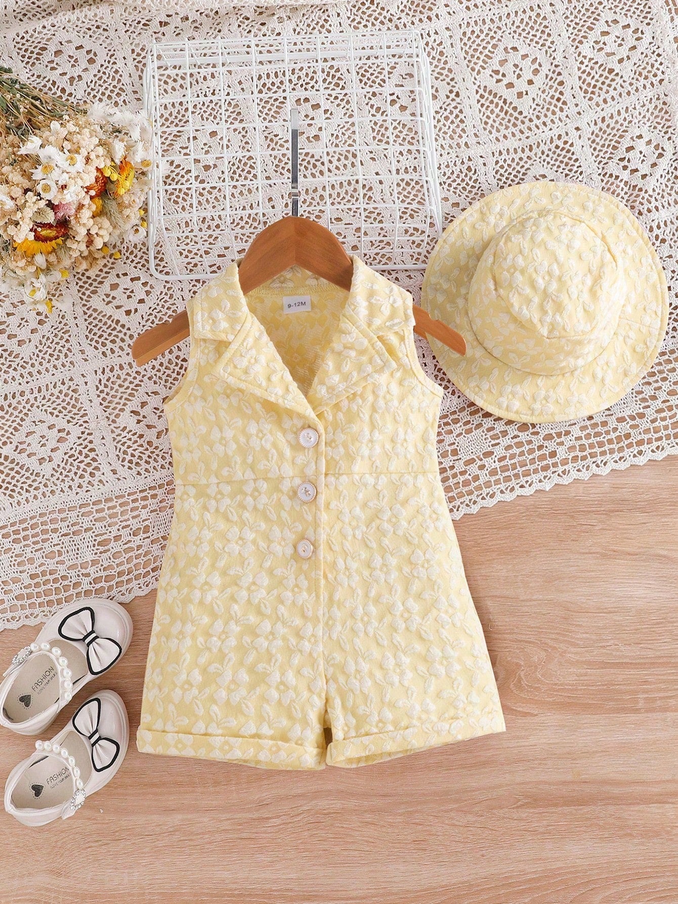 Baby Girls 3D Floral Lapel Romper & Bucket Hat - Buttercup