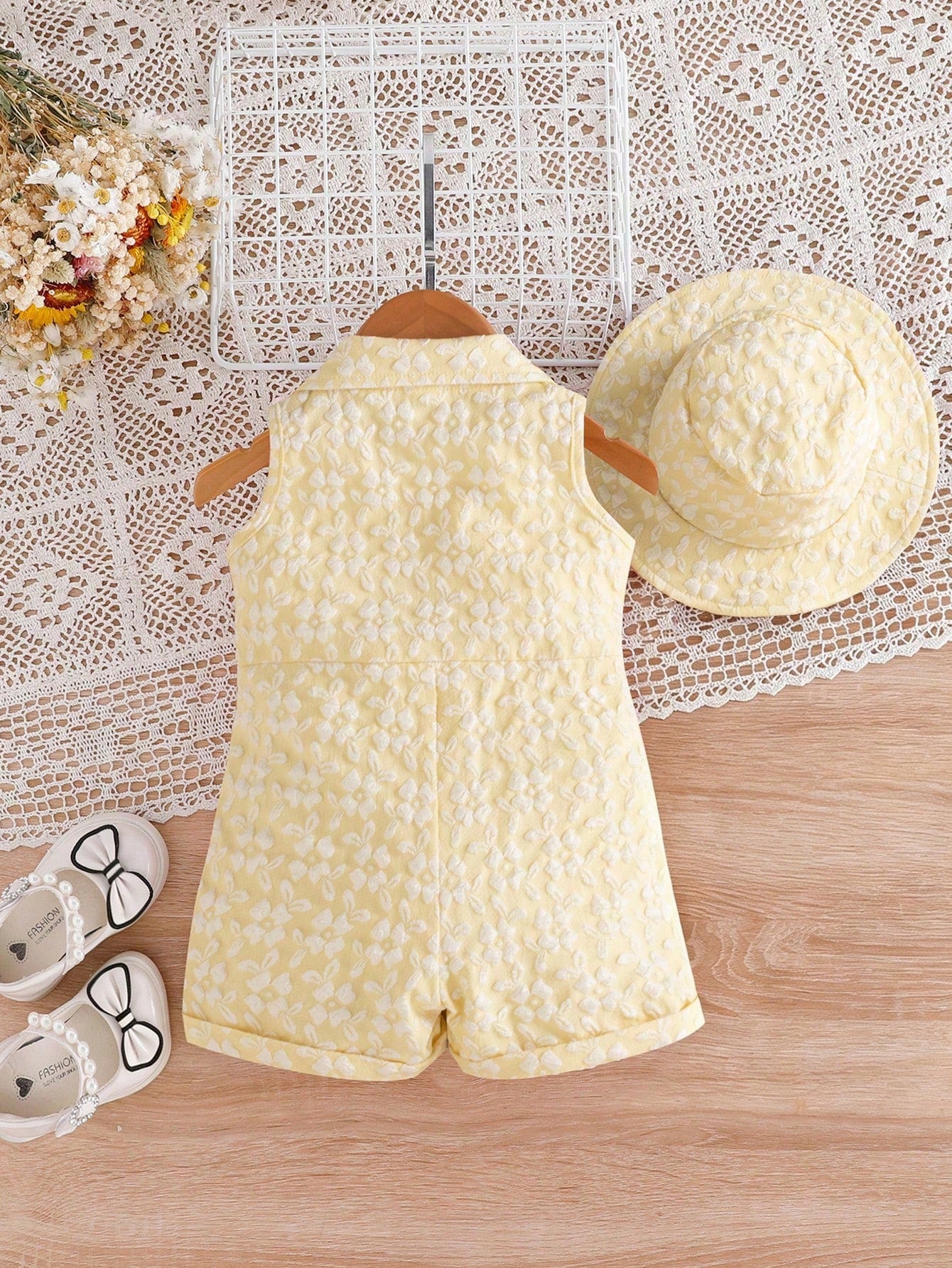 Baby Girls 3D Floral Lapel Romper & Bucket Hat - Buttercup