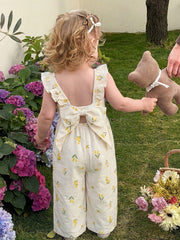 Girls Floral Print Ruffle Strap Wide-Leg Jumpsuit - Ecru | 21 Centu...