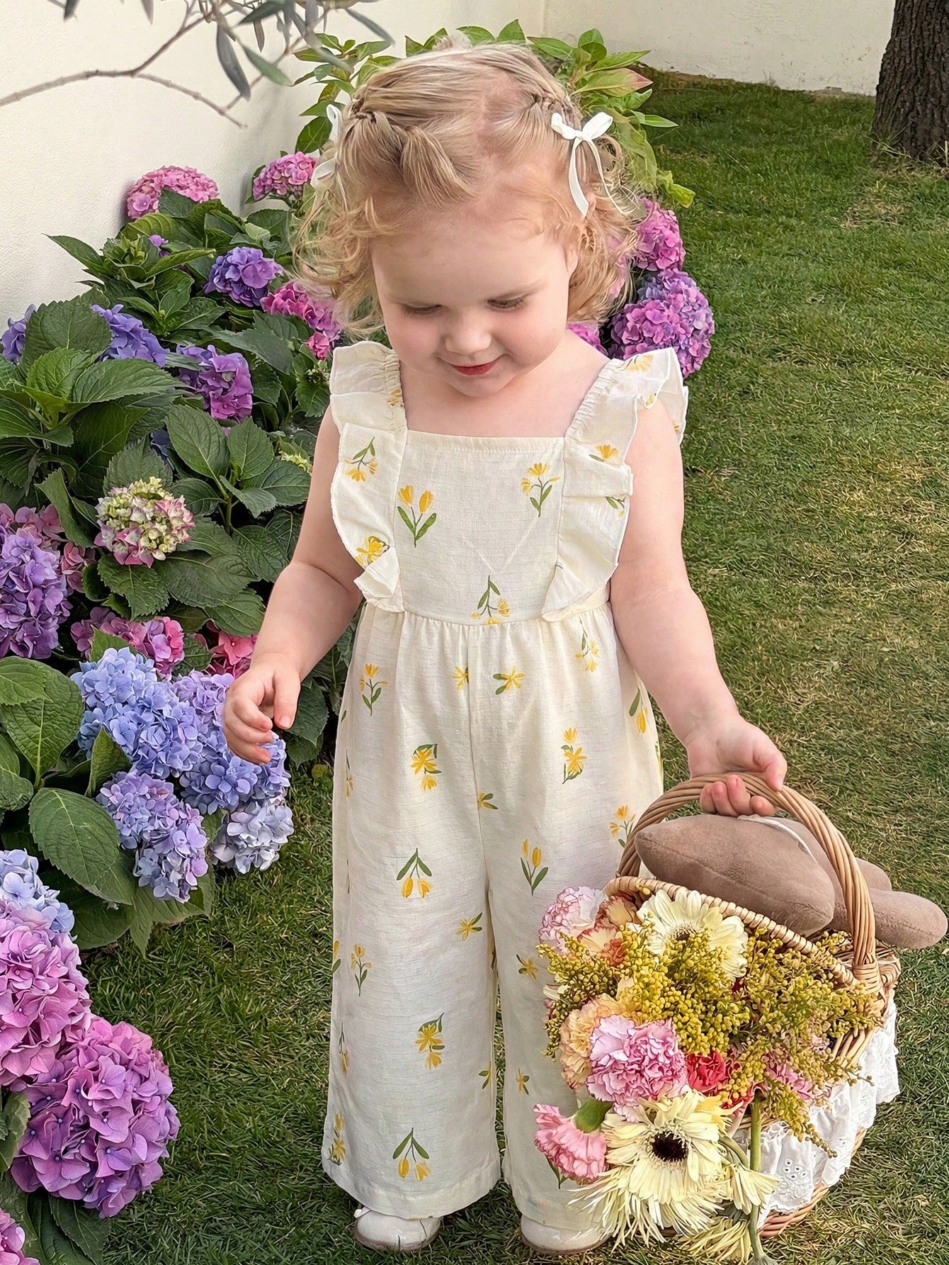 Girls Floral Print Ruffle Strap Wide-Leg Jumpsuit - Ecru | 21 Centu...