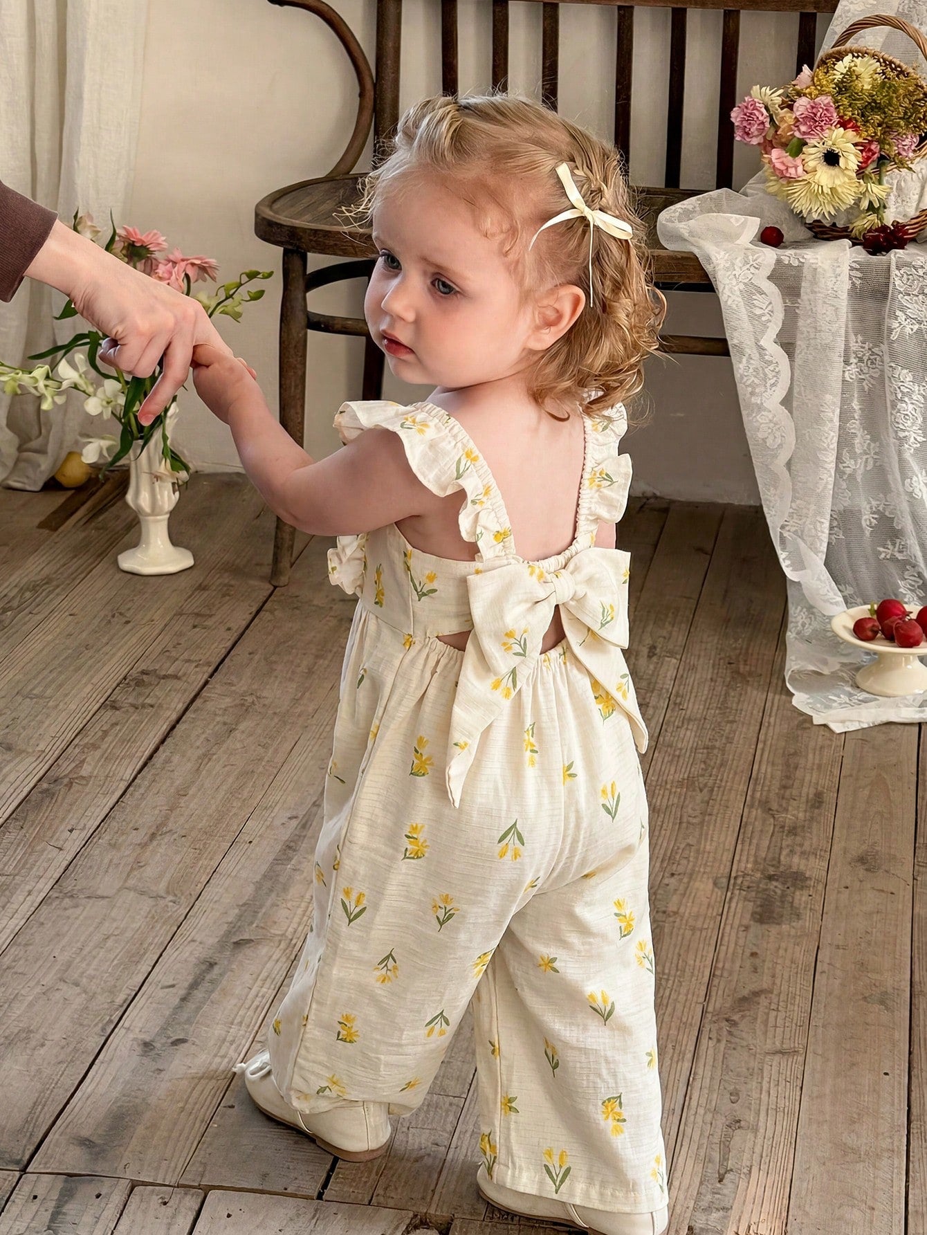 Girls Floral Print Ruffle Strap Wide-Leg Jumpsuit - Ecru | 21 Centu...