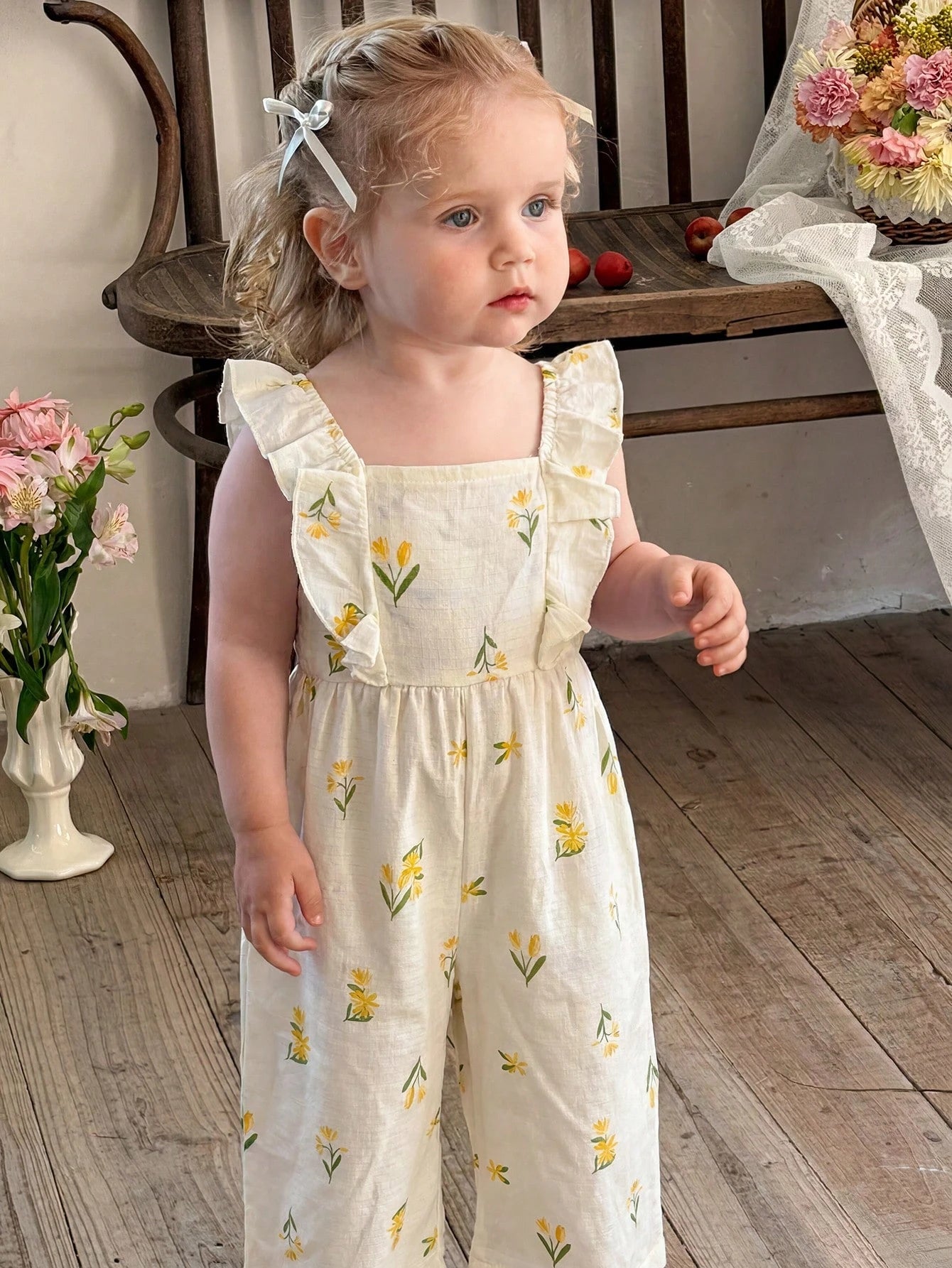 Girls Floral Print Ruffle Strap Wide-Leg Jumpsuit - Ecru | 21 Centu...