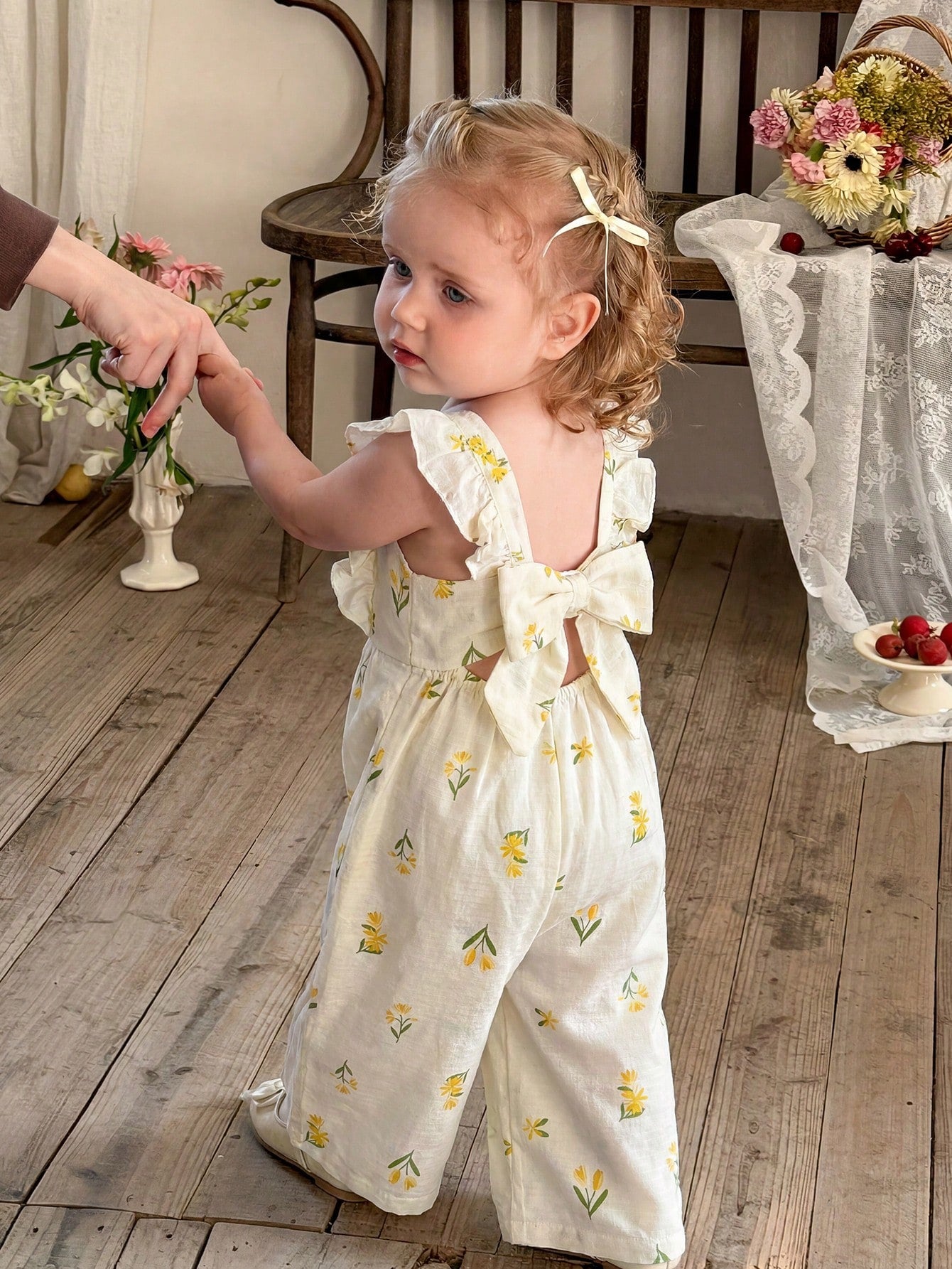 Girls Floral Print Ruffle Strap Wide-Leg Jumpsuit - Ecru | 21 Centu...