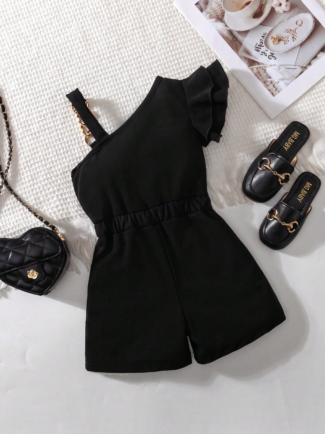 Little Girls One-Shoulder Ruffle Chain-Belt Romper - Onyx