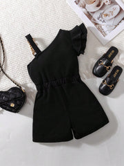Little Girls One-Shoulder Ruffle Chain-Belt Romper - Onyx