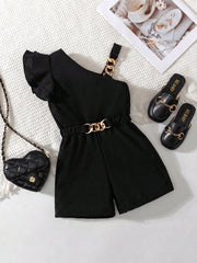 Little Girls One-Shoulder Ruffle Chain-Belt Romper - Onyx