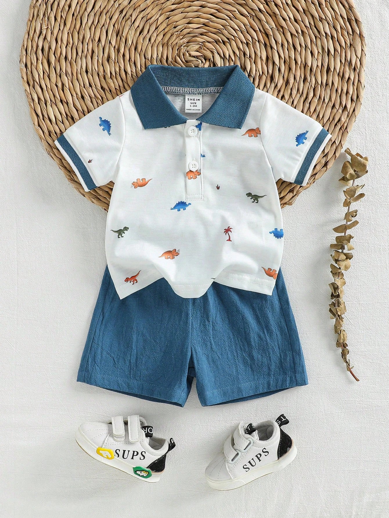 2pcs Baby Boys Dinosaur Print Polo Shirt & Shorts Set - Ivory | 21 ...
