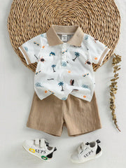 2pcs Baby Boys Coastal Print Polo Shirt & Shorts Set - Ivory | 21 C...