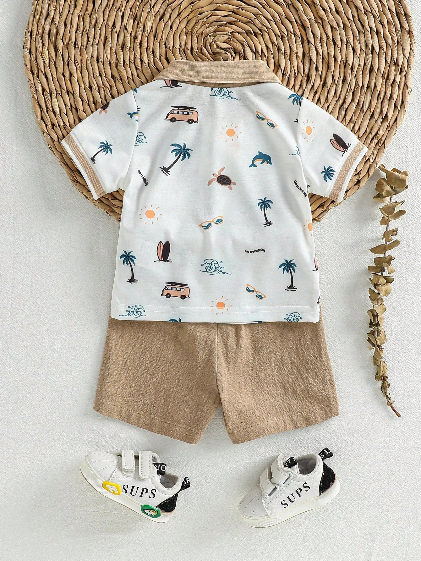 2pcs Baby Boys Coastal Print Polo Shirt & Shorts Set - Ivory | 21 C...