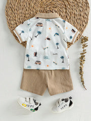 2pcs Baby Boys Coastal Print Polo Shirt & Shorts Set - Ivory | 21 C...