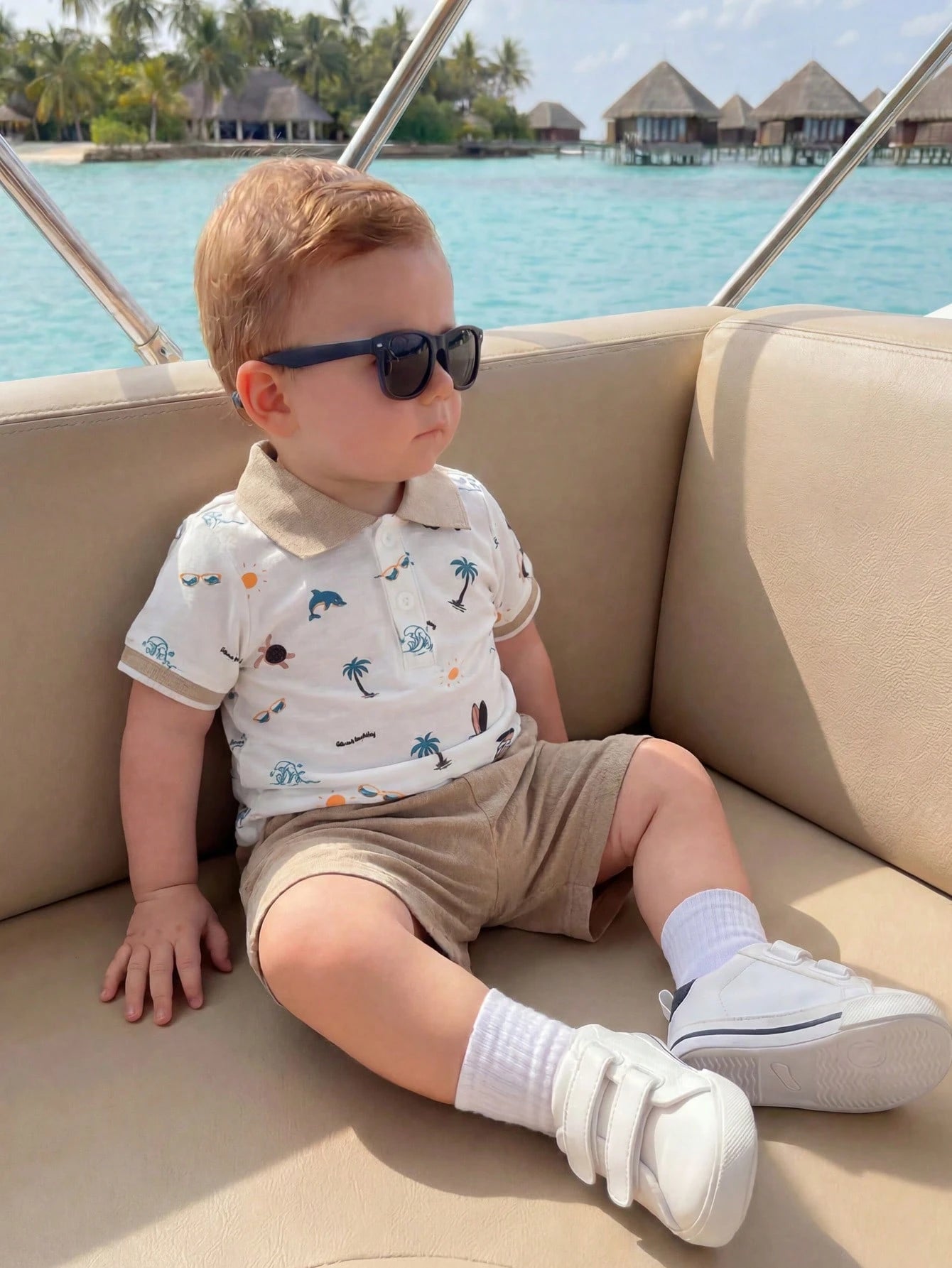 2pcs Baby Boys Coastal Print Polo Shirt & Shorts Set - Ivory | 21 C...