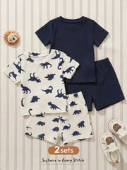 4pcs Boys Dinosaur Print Knit T-Shirt & Shorts Set - Ivory