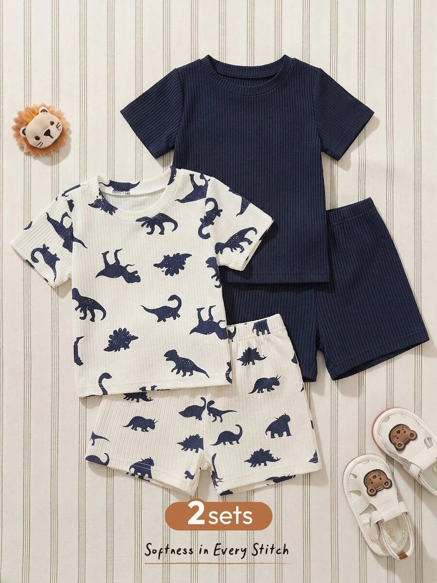 4pcs Boys Dinosaur Print Knit T-Shirt & Shorts Set - Ivory
