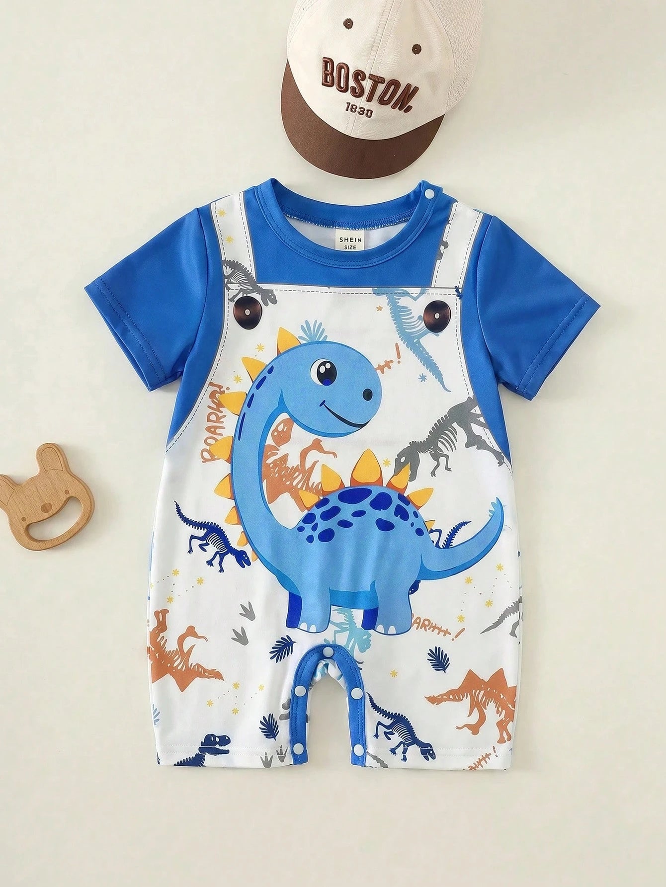 Boys Dinosaur Print Faux-Overall Short Romper - Cobalt | 21 Century...