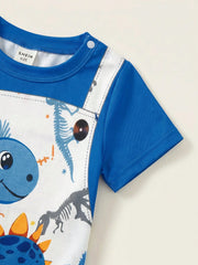 Boys Dinosaur Print Faux-Overall Short Romper - Cobalt | 21 Century...