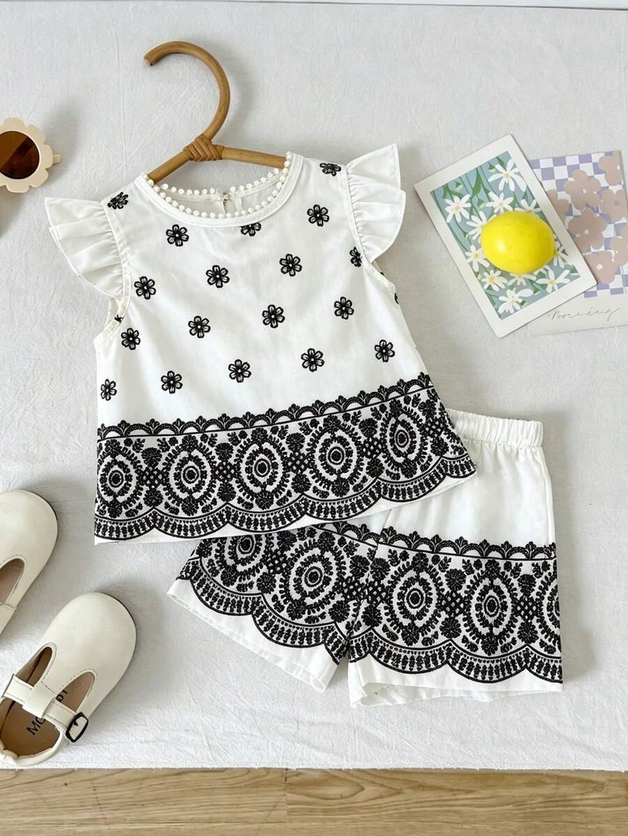 2pcs Girls Floral Embroidered Flutter Sleeve Top & Shorts Set - Ivo...