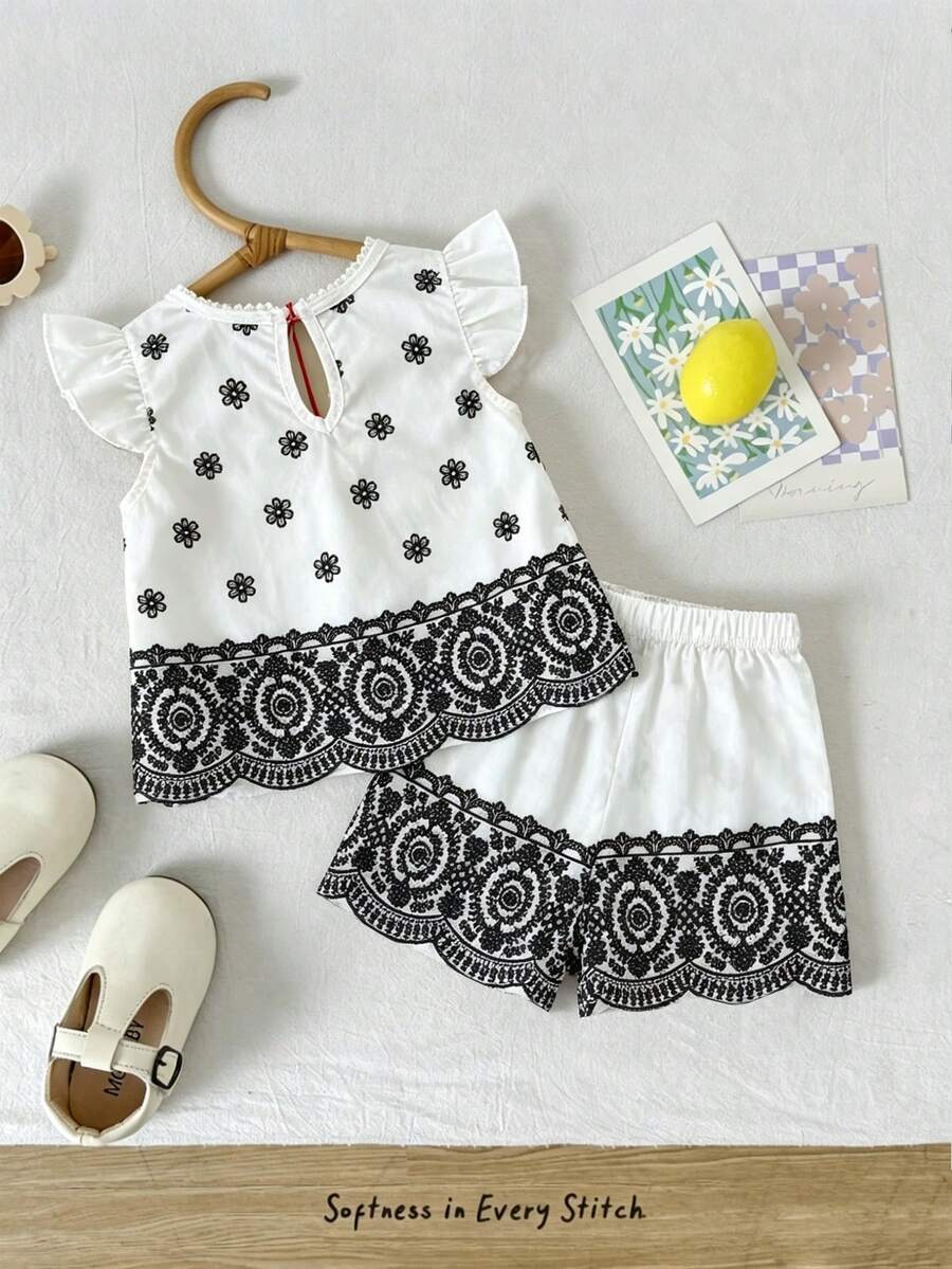 2pcs Girls Floral Embroidered Flutter Sleeve Top & Shorts Set - Ivo...