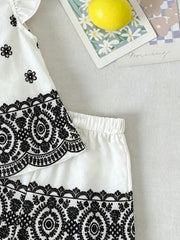 2pcs Girls Floral Embroidered Flutter Sleeve Top & Shorts Set - Ivo...