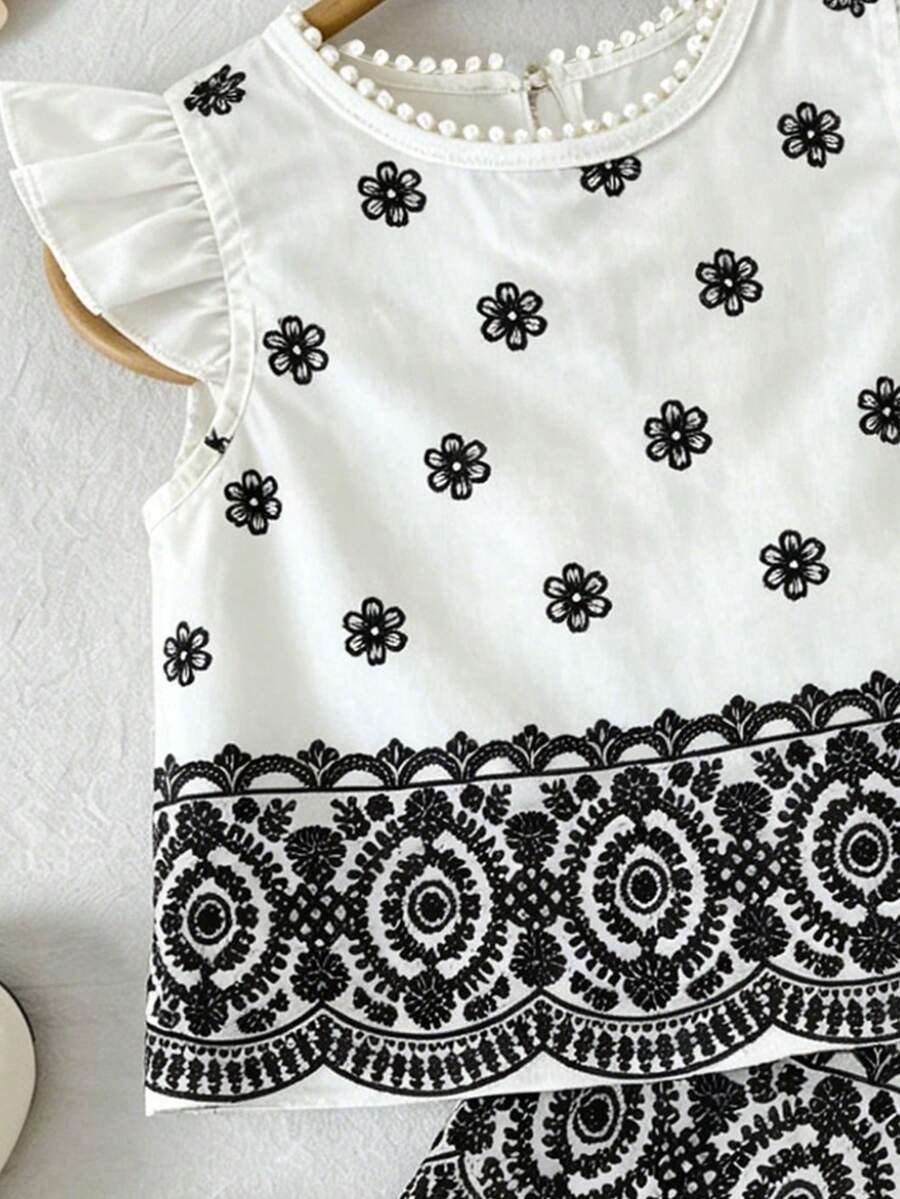 2pcs Girls Floral Embroidered Flutter Sleeve Top & Shorts Set - Ivo...