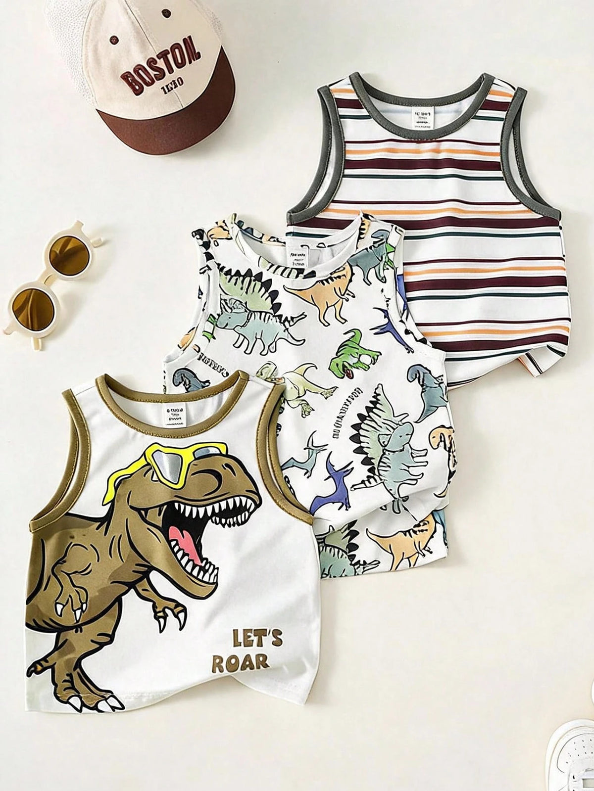 3pcs Boys Dinosaur Print & Stripe Tank Top Set - Ivory