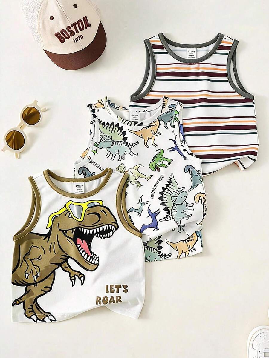 3pcs Boys Dinosaur Print & Stripe Tank Top Set - Ivory