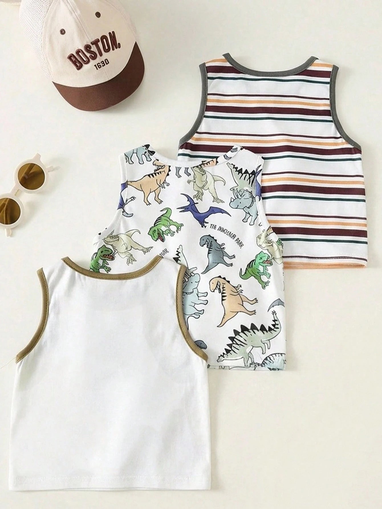 3pcs Boys Dinosaur Print & Stripe Tank Top Set - Ivory