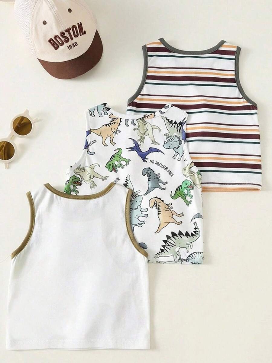 3pcs Boys Dinosaur Print & Stripe Tank Top Set - Ivory