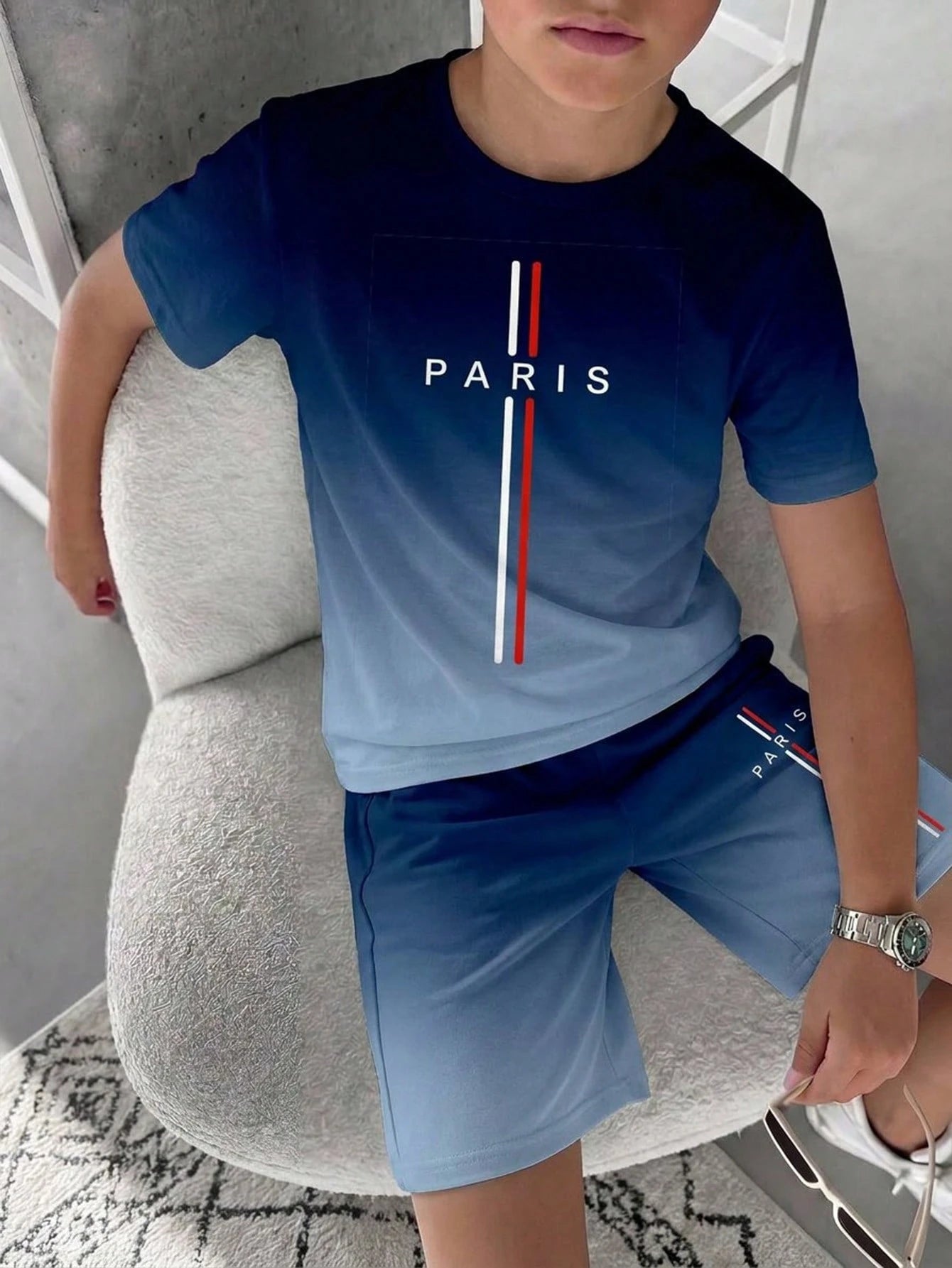 2pcs Big Boys Paris Graphic Gradient T-Shirt & Shorts Set - Midnigh...